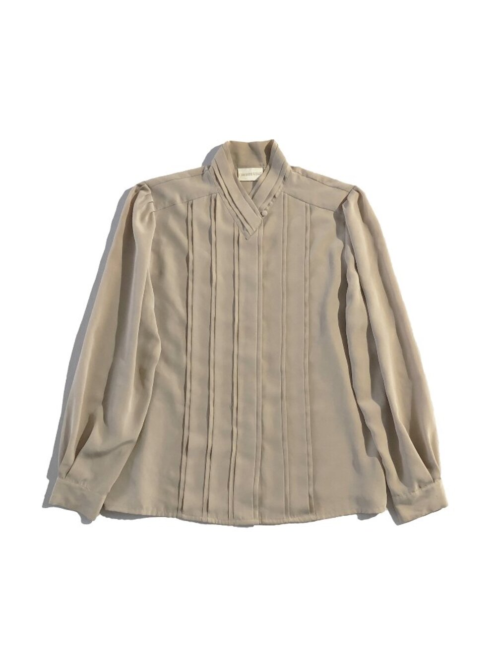 Vtg Christie & Jill Blouse Womens Sz 14 Beige Pintucked Pleated Neck Long Sleeve